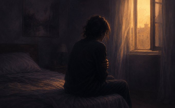 Person sitting alone on the edge of a bed in a darkened room, arms wrapped around themselves, facing a glowing amber window â€” the quiet of night making unresolved feelings harder to ignore