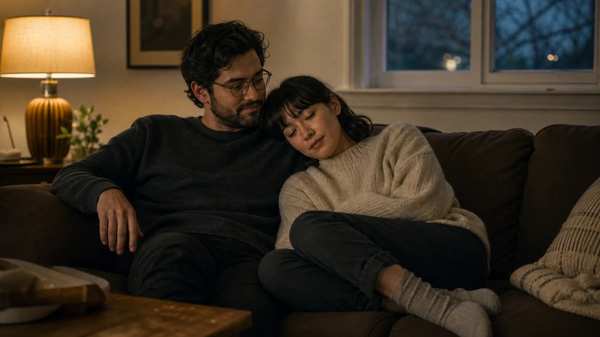 Two people resting close together in calm, soft light