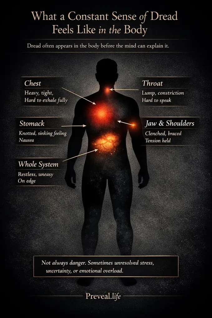 Infographic showing how a constant sense of dread can feel in the body, including heaviness in the chest, sinking in the stomach, tension in the throat, and a braced feeling through the shoulders.
