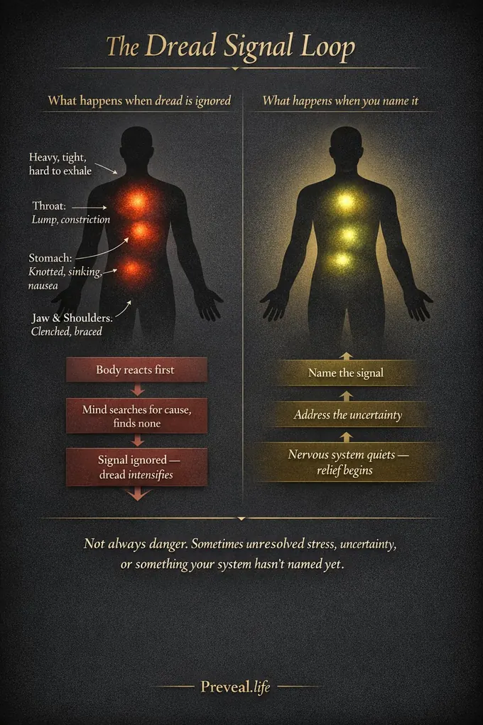 Infographic showing how dread can begin as body tension, restless waiting, and unresolved pressure before becoming easier to notice and name.